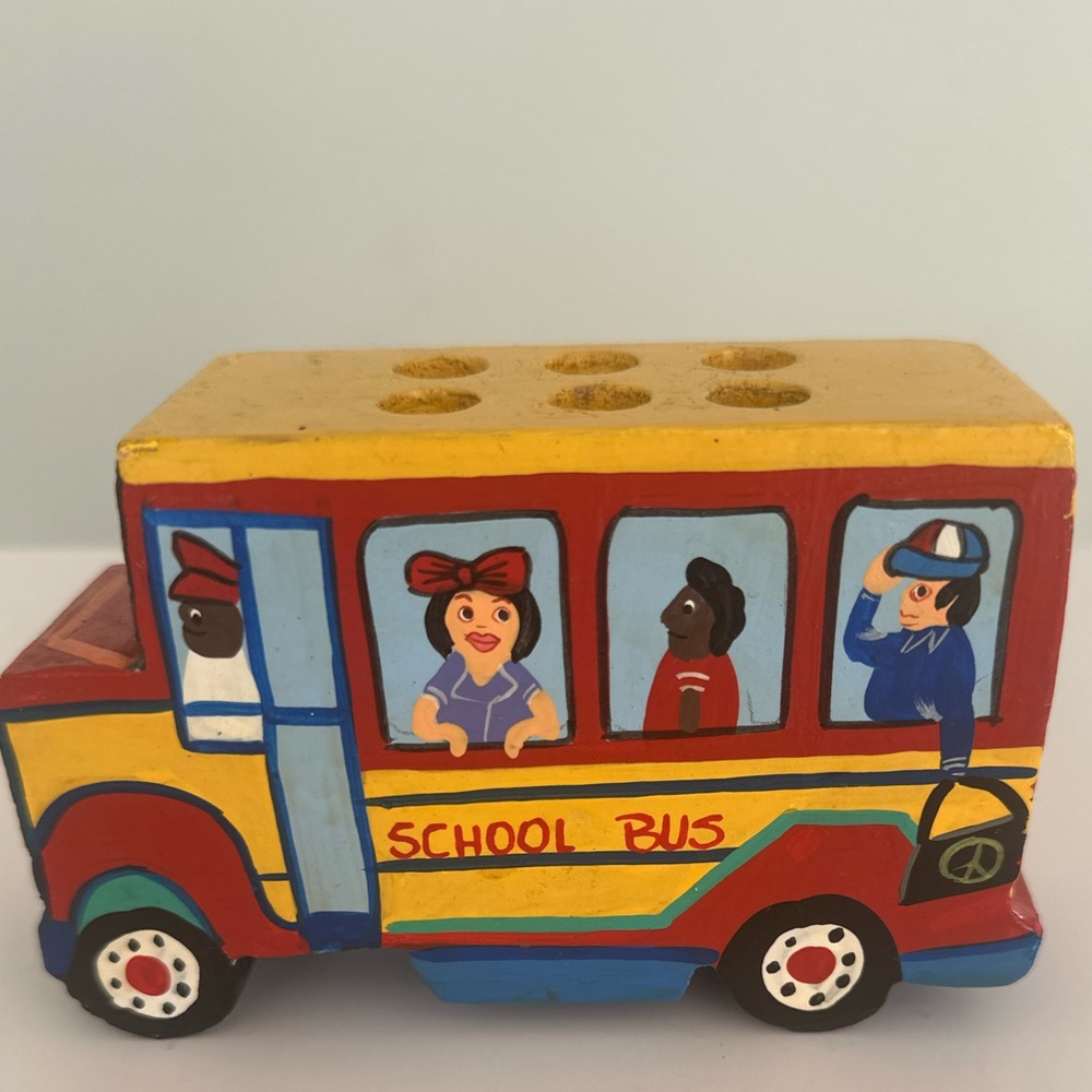 Colorful Wooden School Bus Pencil Holder